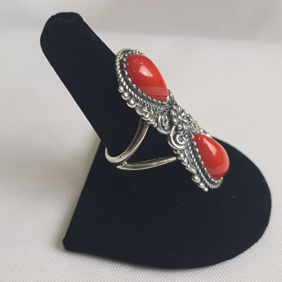 🌵 CAROLYN POLLACK AMERICAN WEST Red Coral .925 Sterling Western Flair  Sz 9🔥 - Picture 8 of 10